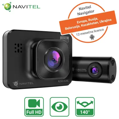 Avto kamera NAVITEL R250 Dual, + uzvratna kamera, Full HD, 2" zaslon, Noćno vidjenje, 140° snimajući kut, G-senzor, aplikacija