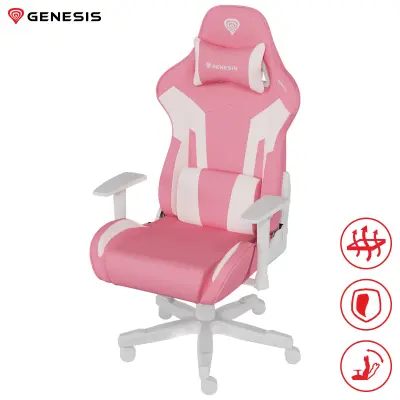 GENESIS NITRO 710 gaming stolica, ergonomska, podesiva visina/nagib, 2D naslon za ruke, CareGlide™ kotačići, ružičasta i bijela