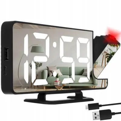 4 u 1 projekcijska budilica s LCD ekranom i ogledalom crne boje
