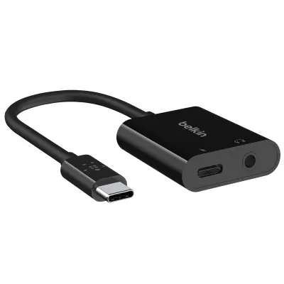USB-C na USB-C 60 W 3,5 mm ženski audio adapter za punjenje, Belkin - crni