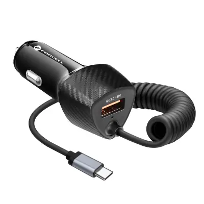 Auto punjač USB 38W QC 3.0 + Integrirani USB-C PD kabel Forcell Crni Karbon