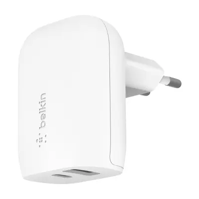 37W zidni punjač s dva priključka, USB-C 3.0 PPS (25W) USB (12W) Quick Charge, Belkin - bijeli
