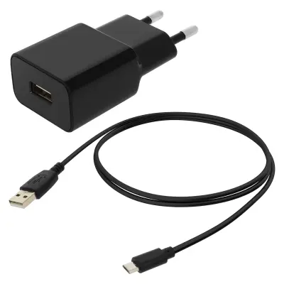 Zidni punjač USB 1A za pametni telefon + micro-USB kabel Crni