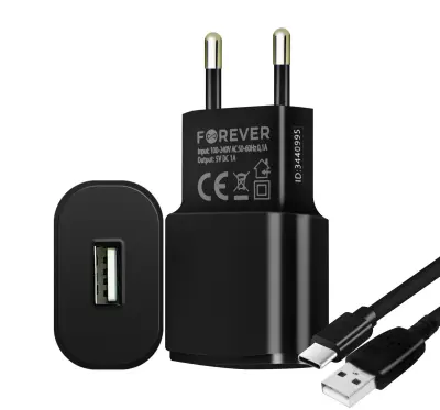 Zidni punjač USB 1A Sigurno punjenje USB Tip C kabel 1.2m Forever Crni