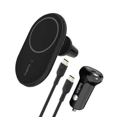 MagSafe punjač za automobil za iPhone 10W, automobilski punjač s ventilacijskom rešetkom i USB-C kabelom, Belkin Boost Charge - crni
