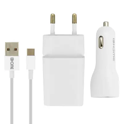 Paket punjač za utičnicu 2.1A + auto punjač 2.1A + USB kabel tipa C 1m - Bijeli