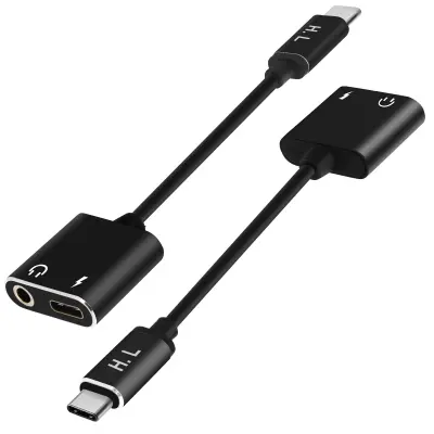 Audio i adapter za punjenje USB Tip C na USB-C i Jack 3.5mm Ženski Crni