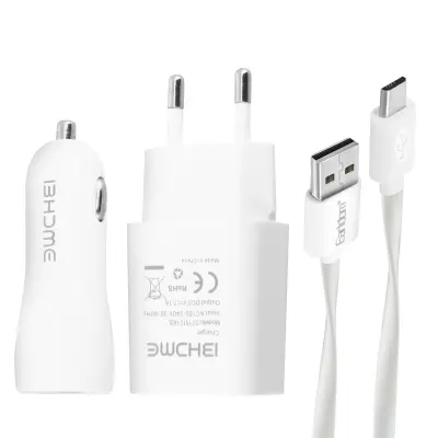 Paket 3 u 1: punjač za utičnicu 2.1A, auto punjač 2.1A i Micro-USB kabel bijeli