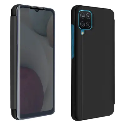 Samsung Galaxy A12 prozirna preklopna torbica s dizajnom ogledala i video postoljem, crna