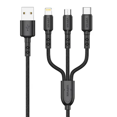 Vipfan X02 3-u-1 USB-C / Lightning / Micro USB kabel 3,5 A, 1,5 m (crni)