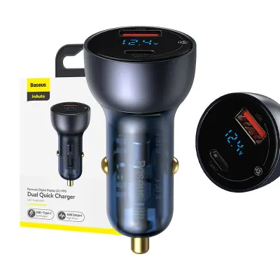 Auto punjač za smartphone/tablet/laptop Baseus Particular Digital Display, USB + USB-C, QC 3.0 + PD, 5A, 65W, siva
