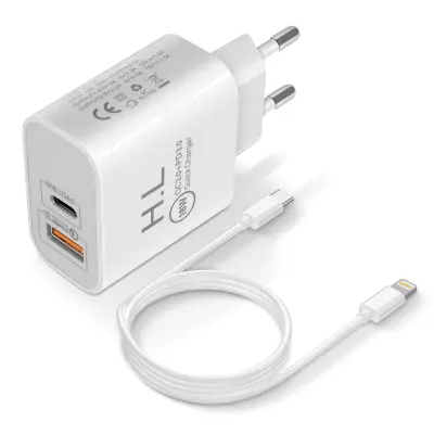 Zidni punjač USB / USB-C 18W Power Delivery Q.C 3.0 Lightning kabel Bijeli