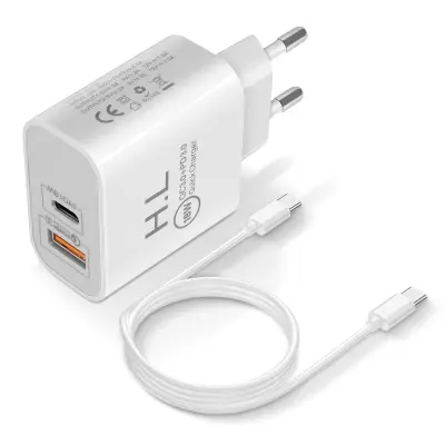 Zidni punjač USB / USB-C 18W Power Delivery Q.C 3.0 USB-C kabel Bijeli
