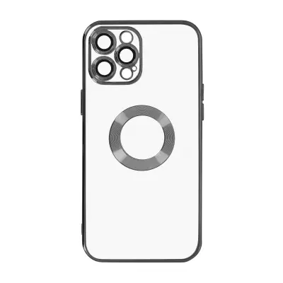 Maska iPhone 12 Pro Meka Pokrivena kamera Prozirna Kromirano crni rub