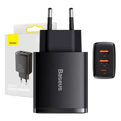 Kompaktni brzi zidni punjač 2x USB USB-C 30W 3A PD QC crni
