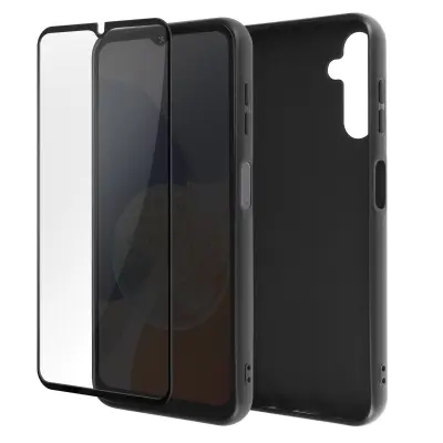 Maska za Samsung A14 4G i 5G silikonski gel crna i kaljeno staklo crni rub