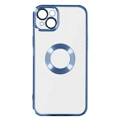 Maska iPhone 14 silikon pokrivena kamera prozirna kromirano plavi rub