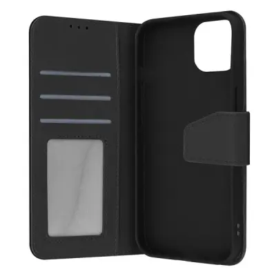 Maska za iPhone 14 Pro Max Premium koža, pretinac za kartice, video podrška, crna