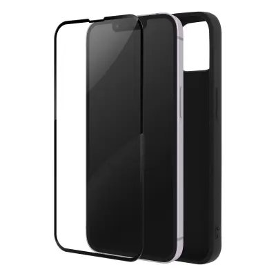 Maska za iPhone 14 Plus silikonski gel meka crna i kaljeno staklo 9H crni rub