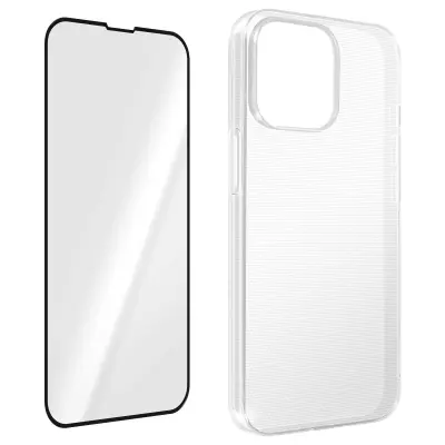 Maska iPhone 14 Pro silikonski gel meka i kaljeno staklo 9H crni rub