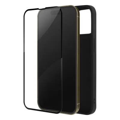 Maska iPhone 14 Pro silikonski gel meka crna i kaljeno staklo 9H crni rub