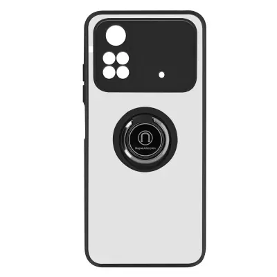 Maska za Xiaomi Poco M4 Pro dvo-materijalna metalni prsten stalak crna