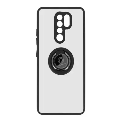Maska za Xiaomi Redmi 9 dvo-materijalna metalni prsten funkcija stalka crna