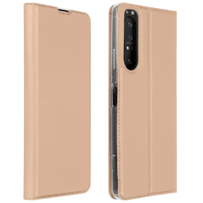 Futrola za Sony Xperia 1 II, preklopna, s držačem kartica i funkcijom video stalka, ružičasto zlatna