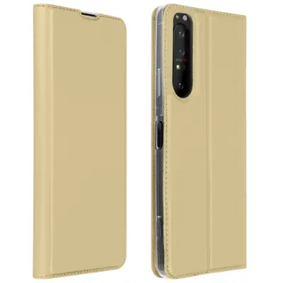 Futrola za Sony Xperia 1 II, preklopna, s držačem kartica i funkcijom video stalka, zlatna
