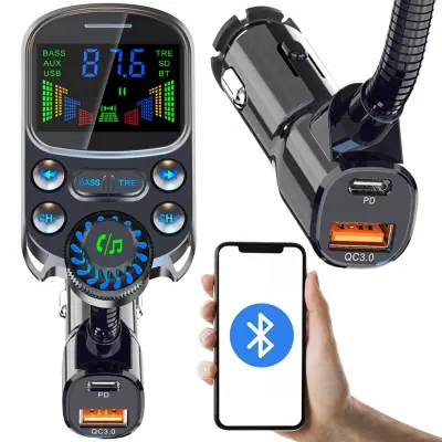 Auto FM transmiter veliki LCD bluetooth 5.3 i punjač 12-24V 3x USB 3.0 RGB