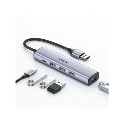 UGREEN 5-u-1 USB-A na 3x USB 3.0 + RJ45 + USB-C adapter (srebrni)