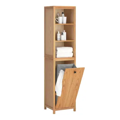 SoBuy bathroom tall cabinet with laundry in wood color in farmhouse style