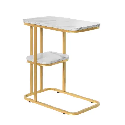 SoBuy side table with marble effect table top and golden metal frame in color white in industrial style