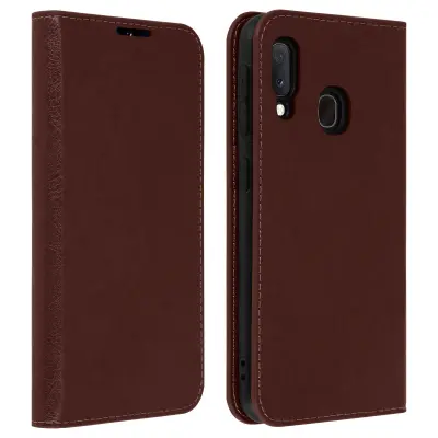 Torbica Galaxy A20e Folio prava koža držač kartica video stalak tamnosmeđa
