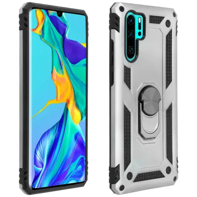 Maska Huawei P30 Pro Dvo-materijalna Kruta Meka Prsten Stalak Srebrna