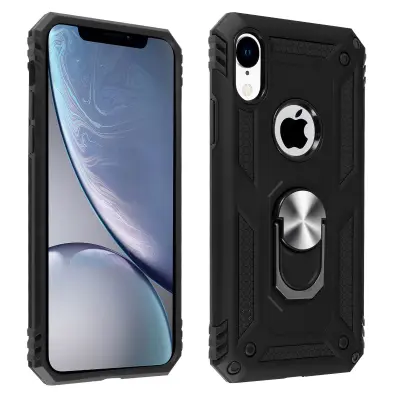 Maska iPhone XR dvo-materijalna kruta meka prsten stalak crna