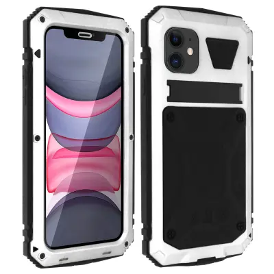 Maska iPhone 11 Aluminij Silikon Stalak Tank Series Srebrna
