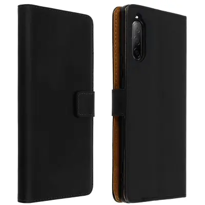 Futrola za Sony Xperia 10 II, od prave kože, s držačem kartica i funkcijom stalka, crna