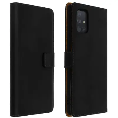 Maska Samsung Galaxy A51 od prave kože, držač kartica, podrška, crna