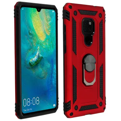 Maska Huawei Mate 20 Dvo-materijalna Kruta Meka Prsten Stalak Crvena