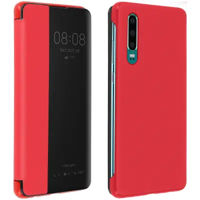 Futrola Huawei P30 veliki prozirni prozor kruta maska crvena