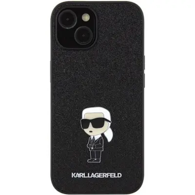Maska za iPhone 15 šljokičasta s metalnim logotipom Ikonik Karl Lagerfeld