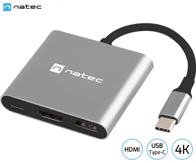 Natec FOWLER MINI USB hub adapter, 1x USB-A 3.0, 1x HDMI, 1x USB-C, max 4K UHD, 5GB/s, Plug&Play, sivi