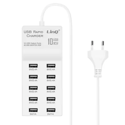 Zidni punjač USB s 10 portova 50W Brzo punjenje Kompaktan LinQ Bijeli