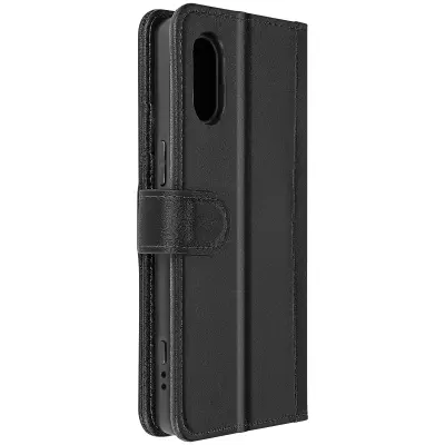 Futrola za Sony Xperia 5 V, prava koža, novčanik, stalak za video, crna