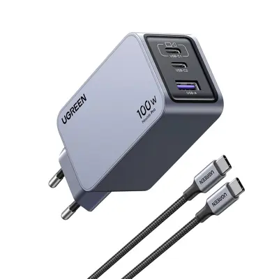 Ugreen Nexode Pro 100W punjač s 3 priključka i GaN tehnologijom, s priloženim 1,5 m USB-C kabelom za punjenje od 100 W
