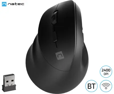 Natec CRAKE 2 vertikalni bežični miš, 2400 DPI, ergonomski, Bluetooth / USB 2,4 GHz, 6 tipki, za ljevoruke, 1x AA baterija, crna