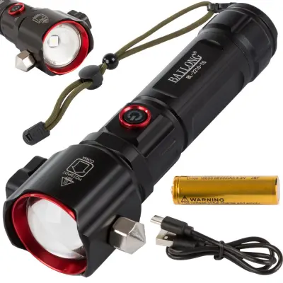 3u1 taktička baterija. LED alu. svjetiljka ZOOM čekić + powerbank