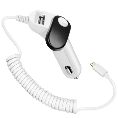 Auto punjač Integrirani spiralni Lightning kabel 1m Bijeli