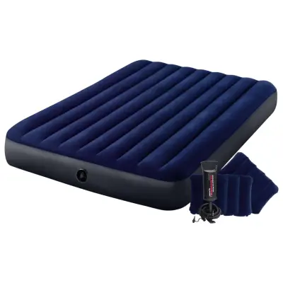 Dvostruki zračni madrac Intex Classic Downy — 203x152x25 cm, uključuje ručnu pumpu i 2 jastuka